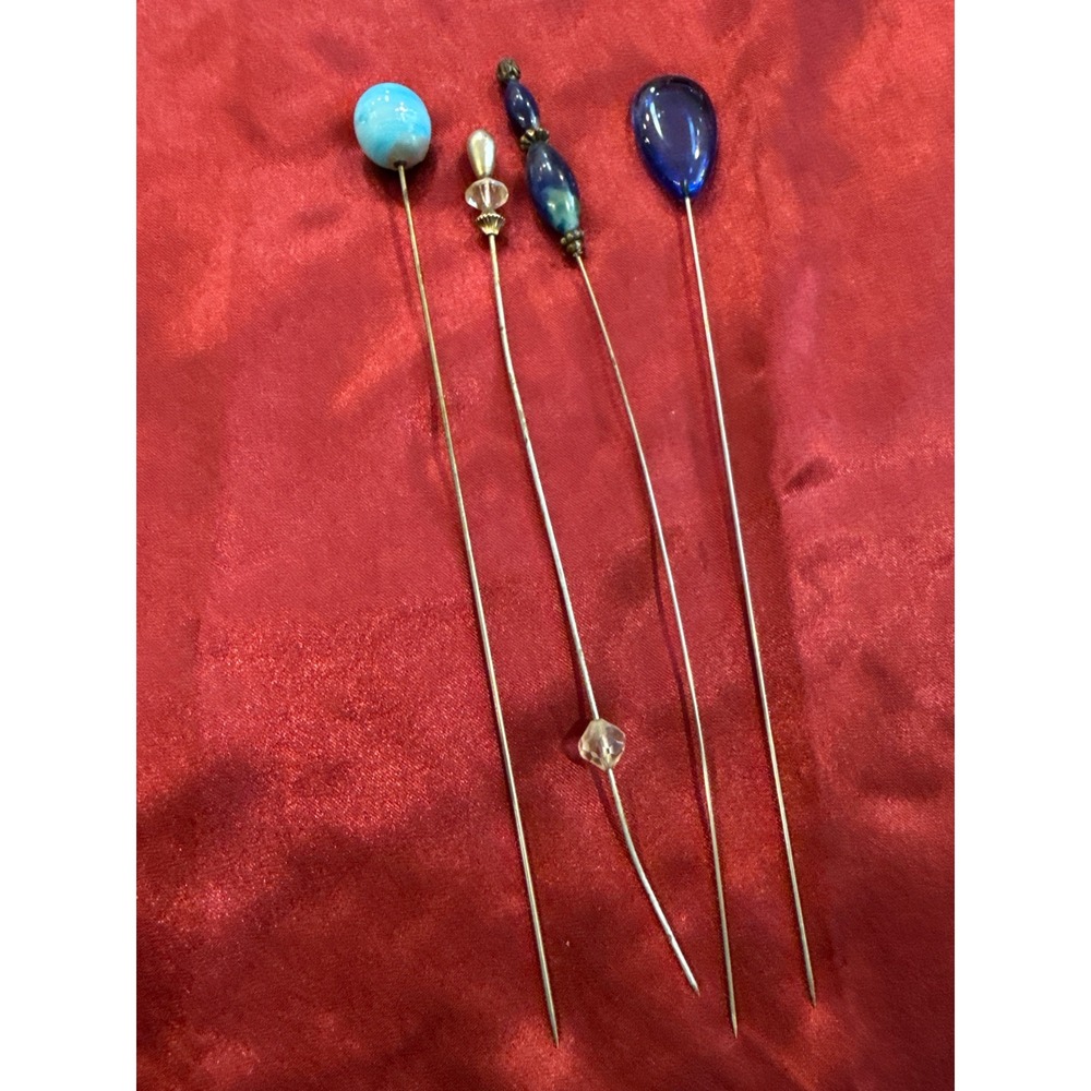 Vintage Hat Pins Set of 4 Blue Glass Beaded Faux Pearl Crystal Antique Style
